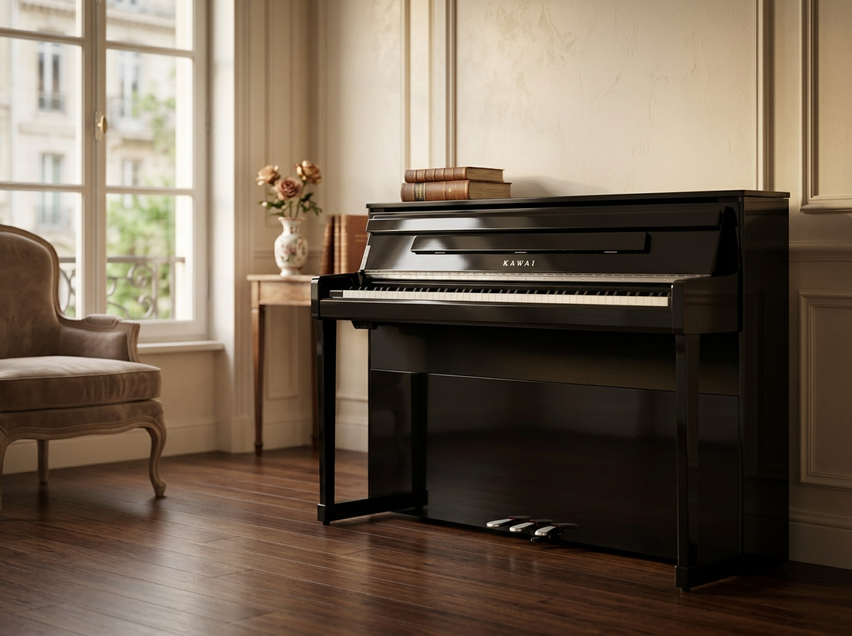 Topklasse digitale piano (Kawai) met houten toetsen in een klassiek interieur