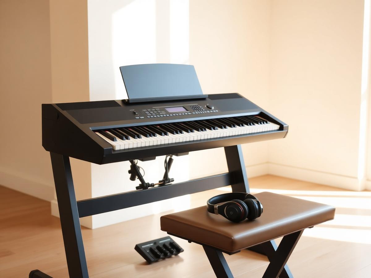 Digitale piano met gewogen toetsen en koptelefoon op de kruk