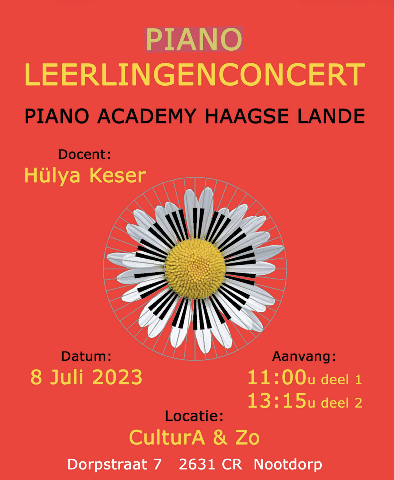 Poster for the 2023 piano student concert by Piano Academy Haagse Lande.